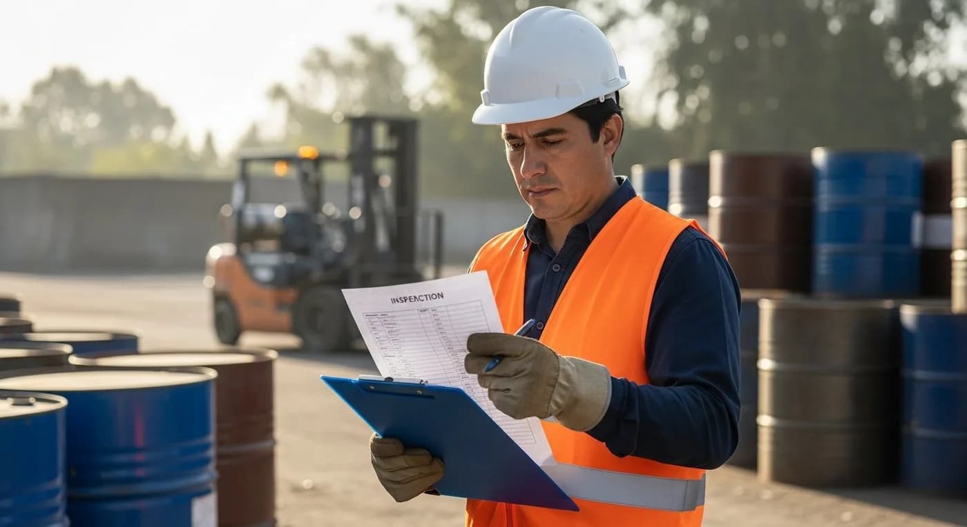 Trabajador con casco blanco y chaleco naranja revisando lista de inspección sobre tabla portafolio en zona de tambores y maquinaria