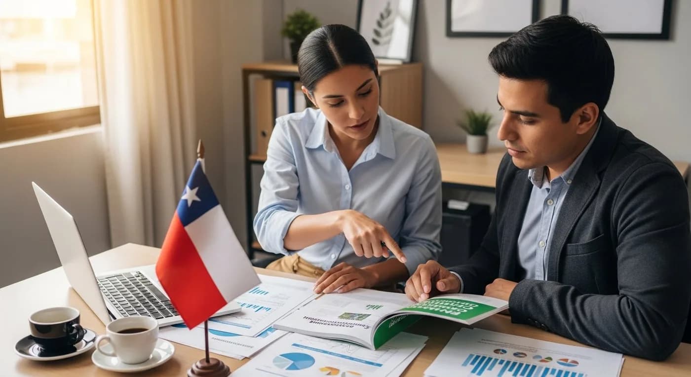 Dos profesionales revisando documentación de cumplimiento ambiental en oficina con bandera chilena, laptop y café