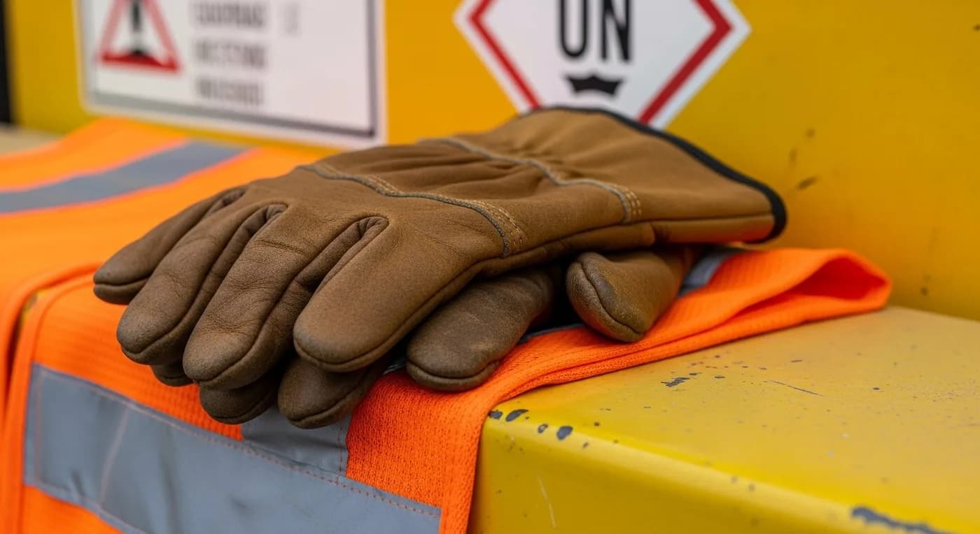 Close-up de guantes de cuero sobre chaleco naranja de alta visibilidad con etiqueta UN de carga peligrosa al fondo