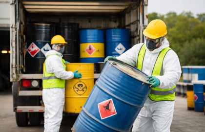 Trabajadores equipados con elementos de protección personal realizando el manejo y transporte seguro de residuos peligrosos en tambores industriales, junto a un camión autorizado.