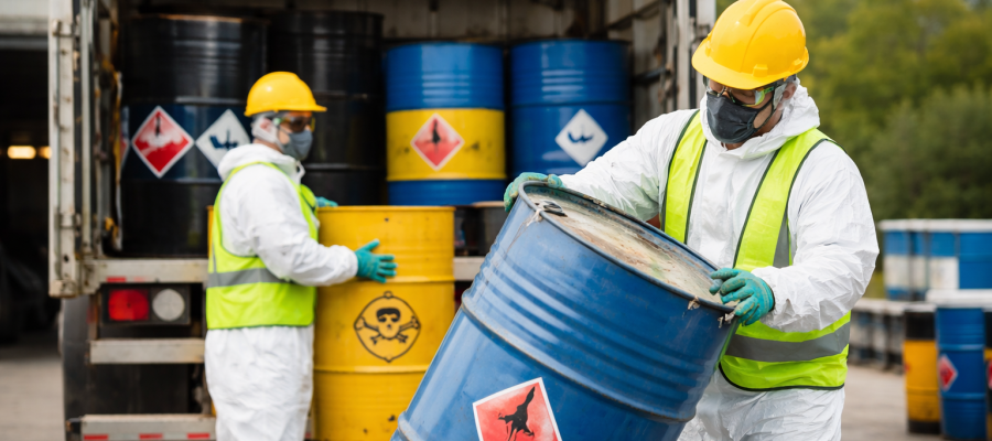 Trabajadores equipados con elementos de protección personal realizando el manejo y transporte seguro de residuos peligrosos en tambores industriales, junto a un camión autorizado.