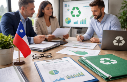 Equipo profesional analizando documentación relacionada con la Ley REP y el Fondo para el Reciclaje en Chile