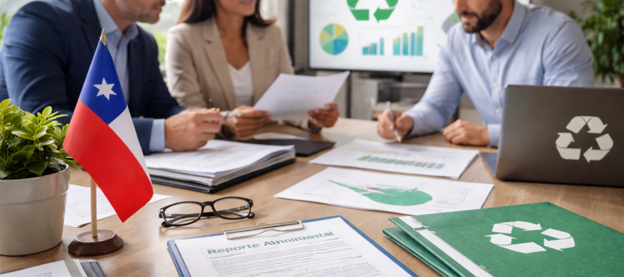 Equipo profesional analizando documentación relacionada con la Ley REP y el Fondo para el Reciclaje en Chile