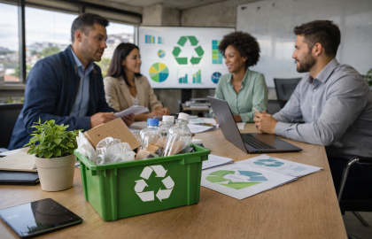 Equipo profesional chileno analizando estrategias de gestión de residuos y economía circular en un entorno corporativo
