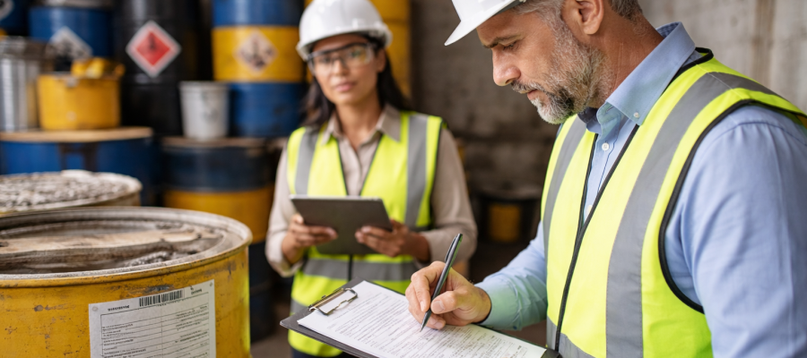 Profesionales revisando documentación de trazabilidad de residuos durante una auditoría ambiental en Chile