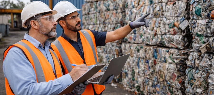 Trabajadores con equipos de seguridad revisando materiales reciclables en una planta de gestión de residuos industriales