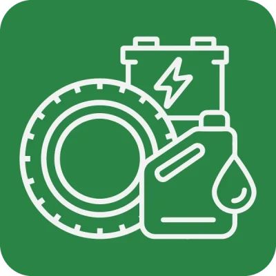 Icono de neumaticos, baterias y aceite de motor para la gestión de residuos del sector automotriz.