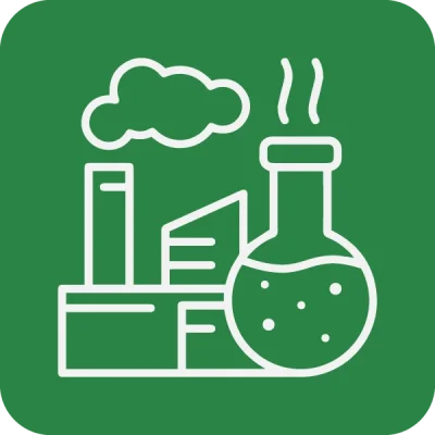 Icono de fábrica que representa la gestión de residuos para la industria automotriz, química y manufacturera.