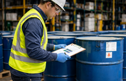 Trabajador revisa tambores de residuos peligrosos en bodega industrial