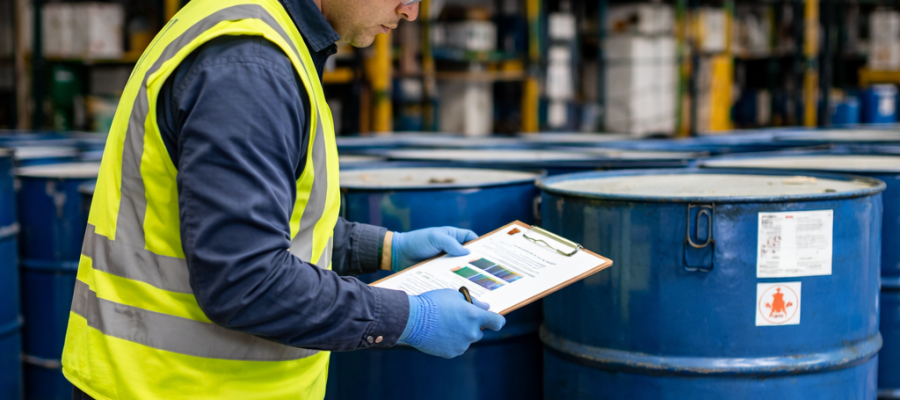 Trabajador revisa tambores de residuos peligrosos en bodega industrial