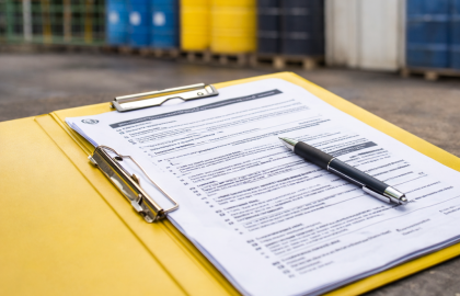 Checklist impreso y carpeta de control frente a contenedores industriales