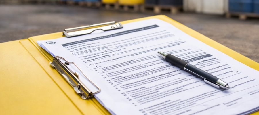 Checklist impreso y carpeta de control frente a contenedores industriales