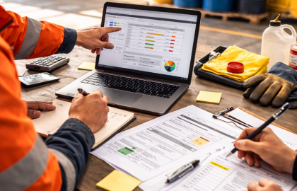 Equipo revisa registros y control de trazabilidad en mesa de trabajo industrial