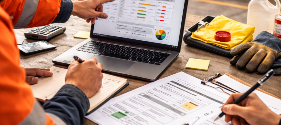 Equipo revisa registros y control de trazabilidad en mesa de trabajo industrial