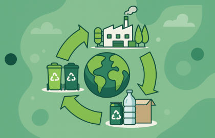 Ilustración del ciclo de reciclaje con contenedores, residuos valorizables y una fábrica, representando la economía circular y el principio de responsabilidad extendida del productor.
