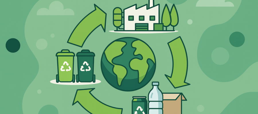 Ilustración del ciclo de reciclaje con contenedores, residuos valorizables y una fábrica, representando la economía circular y el principio de responsabilidad extendida del productor.