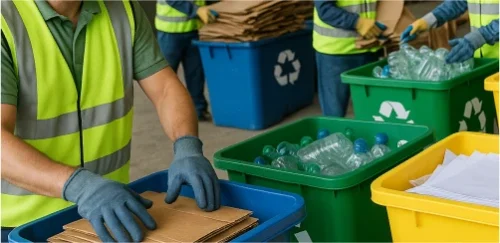 Personal capacitado clasificando residuos no peligrosos como cartón y plástico en contenedores para su posterior reciclaje y valorización.