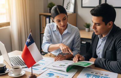 Dos profesionales revisando documentación de cumplimiento ambiental en oficina con bandera chilena, laptop y café