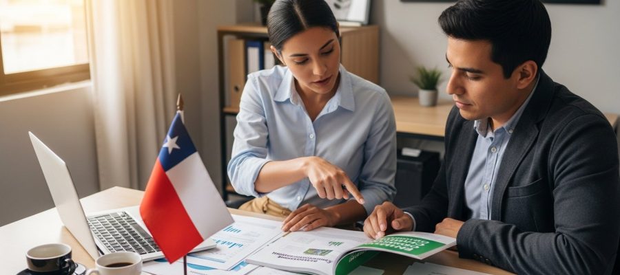 Dos profesionales revisando documentación de cumplimiento ambiental en oficina con bandera chilena, laptop y café