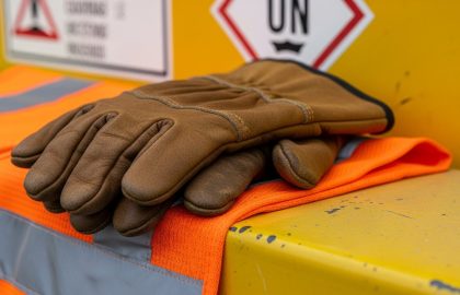 Close-up de guantes de cuero sobre chaleco naranja de alta visibilidad con etiqueta UN de carga peligrosa al fondo