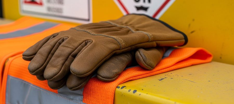 Close-up de guantes de cuero sobre chaleco naranja de alta visibilidad con etiqueta UN de carga peligrosa al fondo