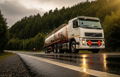 Camión Volvo blanco con placas de carga peligrosa transitando por carretera rural en bosque nativo de la Araucanía bajo lluvia suave