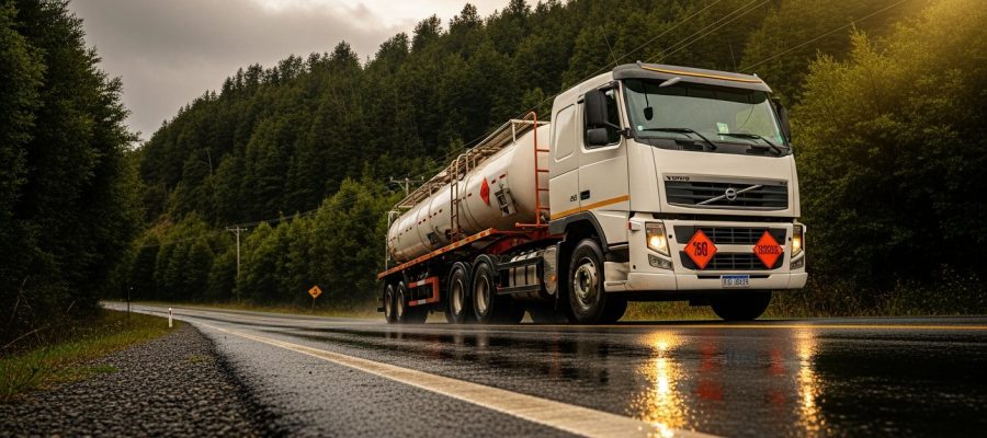Camión Volvo blanco con placas de carga peligrosa transitando por carretera rural en bosque nativo de la Araucanía bajo lluvia suave