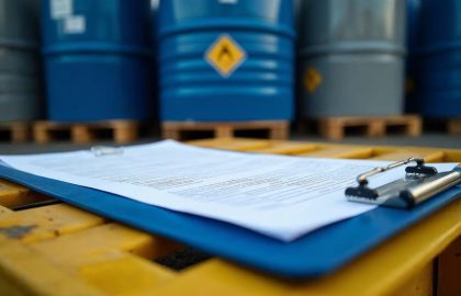 Documentos de cumplimiento DS 148 sobre pallet industrial junto a tambores RESPEL azules y grises