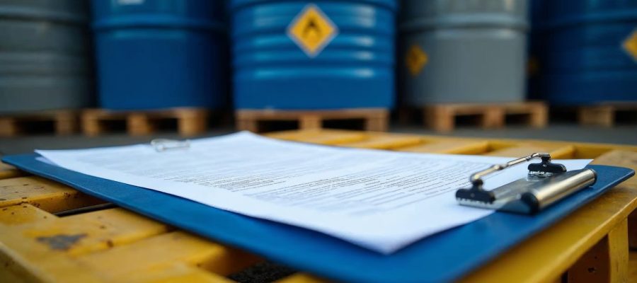 Documentos de cumplimiento DS 148 sobre pallet industrial junto a tambores RESPEL azules y grises