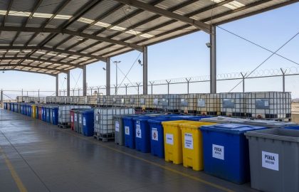 Vista panorámica de planta de transferencia de residuos peligrosos en Lautaro con contenedores azules, amarillos y grises bajo cubierta