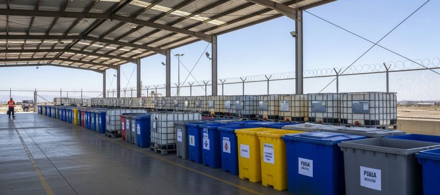 Vista panorámica de planta de transferencia de residuos peligrosos en Lautaro con contenedores azules, amarillos y grises bajo cubierta