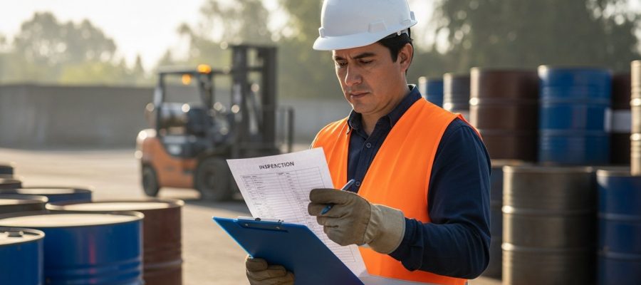 Trabajador con casco blanco y chaleco naranja revisando lista de inspección sobre tabla portafolio en zona de tambores y maquinaria
